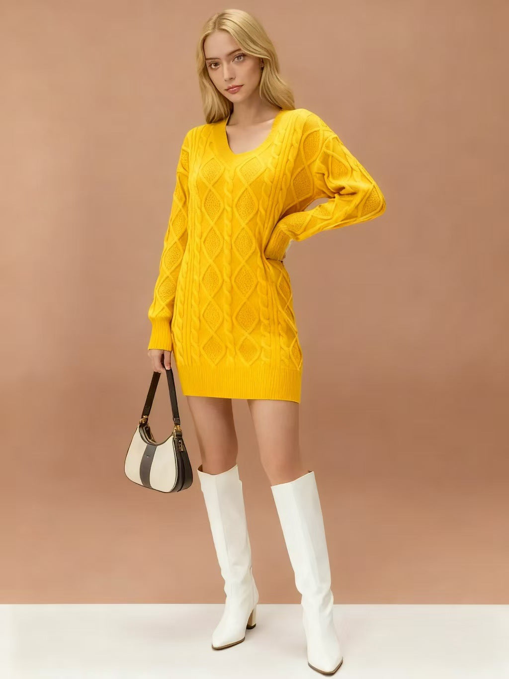 Robe Pull Tricot Col V Mi-Longue - BMYANY
