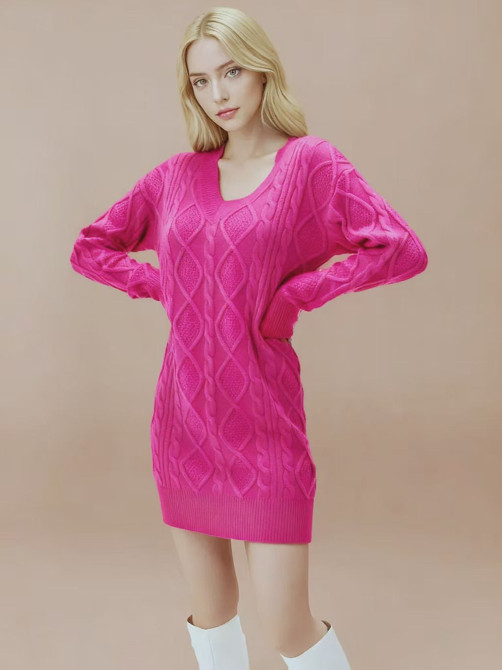 Robe Pull Tricot Col V Mi-Longue - BMYANY