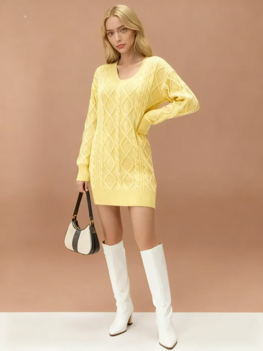 Robe Pull Tricot Col V Mi-Longue - BMYANY