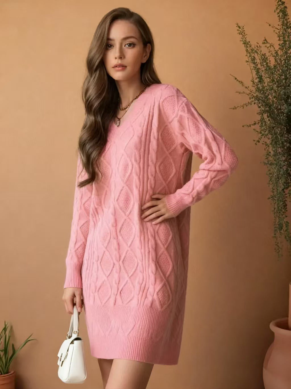 Robe Pull Tricot Col V Mi-Longue - BMYANY