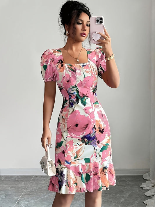 Robe Femme Rétro Col Carré Manches Bouffantes Taille Cintrée - BMYANY