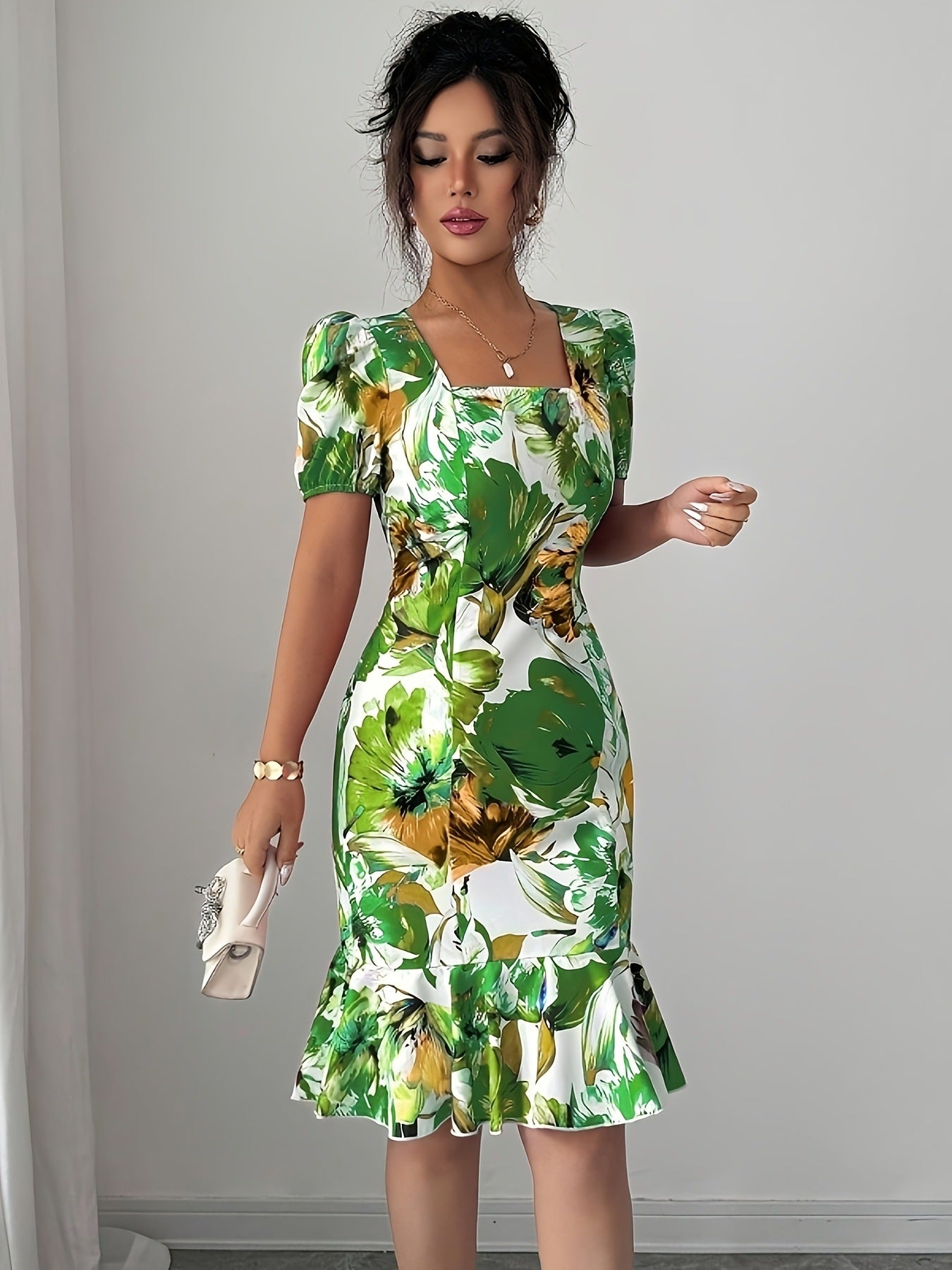 Robe Femme Rétro Col Carré Manches Bouffantes Taille Cintrée - BMYANY