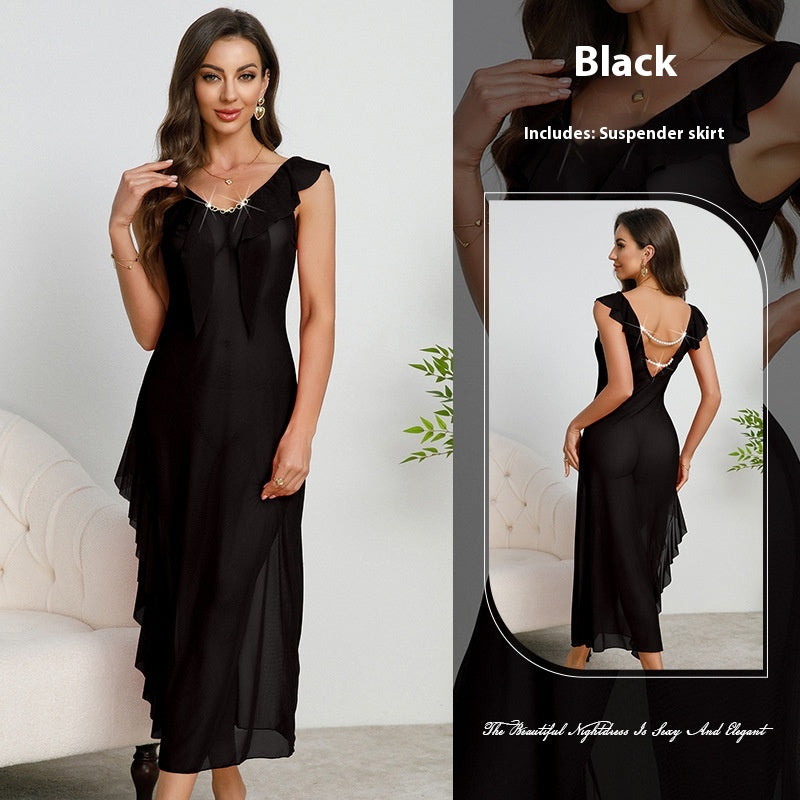 Robe Femme à Volants Col V Dos Nu avec Perles - BMYANY