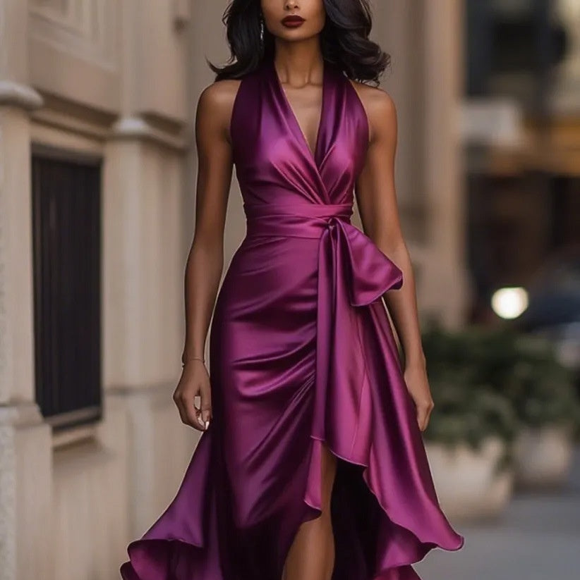 Robe Femme Élégante Col V à Volants Irréguliers - BMYANY