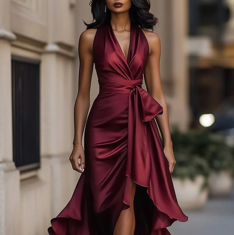 Robe Femme Élégante Col V à Volants Irréguliers - BMYANY