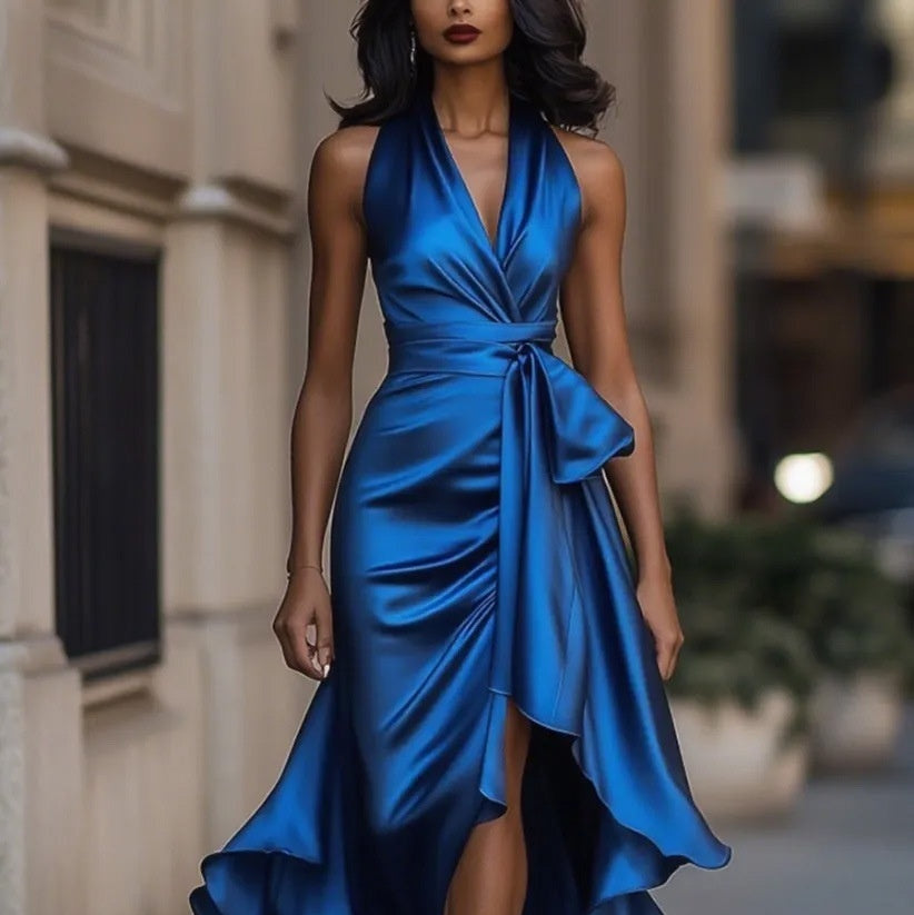 Robe Femme Élégante Col V à Volants Irréguliers - BMYANY