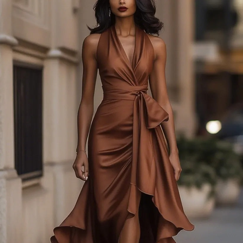 Robe Femme Élégante Col V à Volants Irréguliers - BMYANY