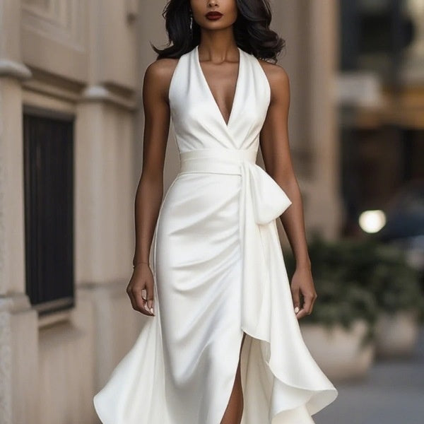 Robe Femme Élégante Col V à Volants Irréguliers - BMYANY