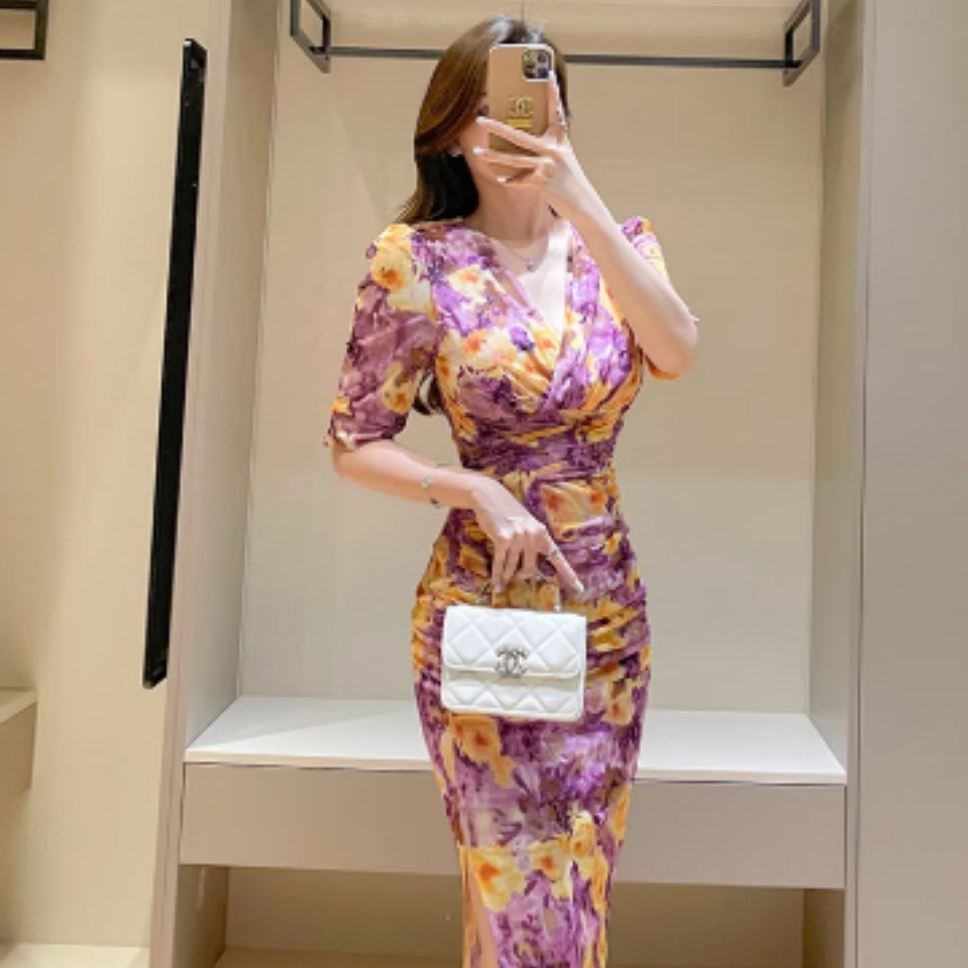 Robe Femmes Imprimé Rose Peinture à l'Huile Maille Été - BMYANY