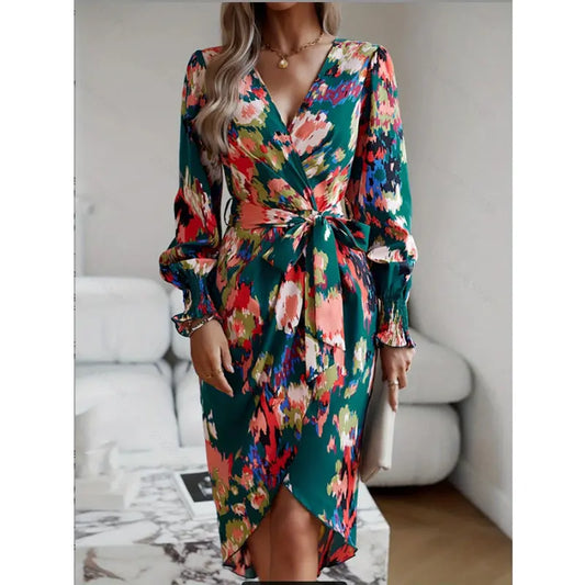 Robe Longue Imprimé Rétro Artistique Col V Manches Princesse - BMYANY