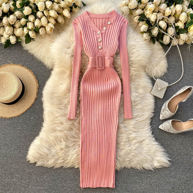Robe Tricot Cintrée Rayures Ajourées avec Ceinture - BMYANY