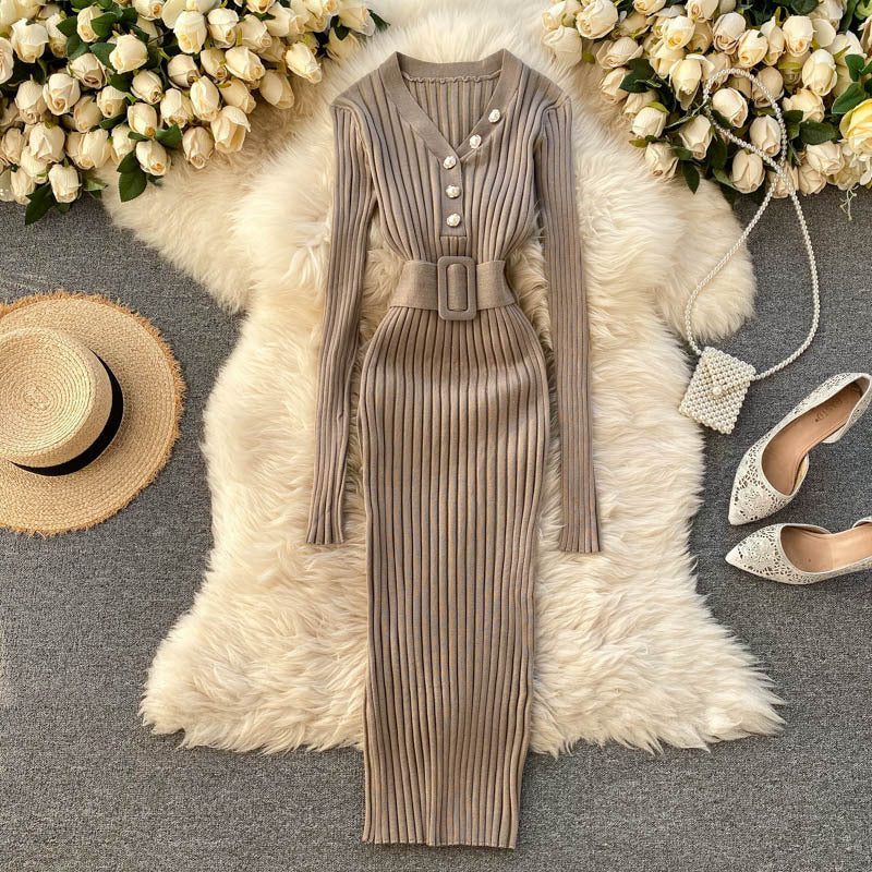Robe Tricot Cintrée Rayures Ajourées avec Ceinture - BMYANY