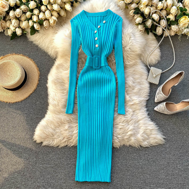 Robe Tricot Cintrée Rayures Ajourées avec Ceinture - BMYANY