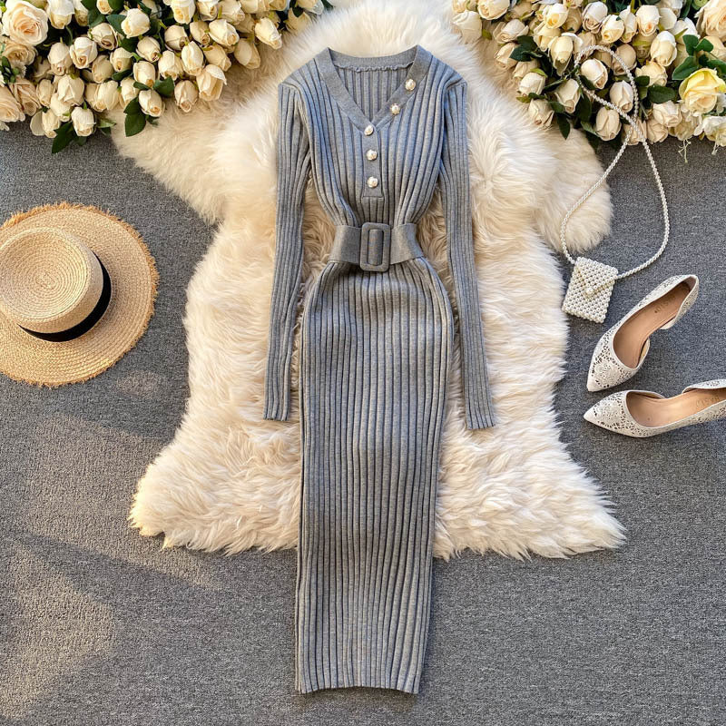 Robe Tricot Cintrée Rayures Ajourées avec Ceinture - BMYANY