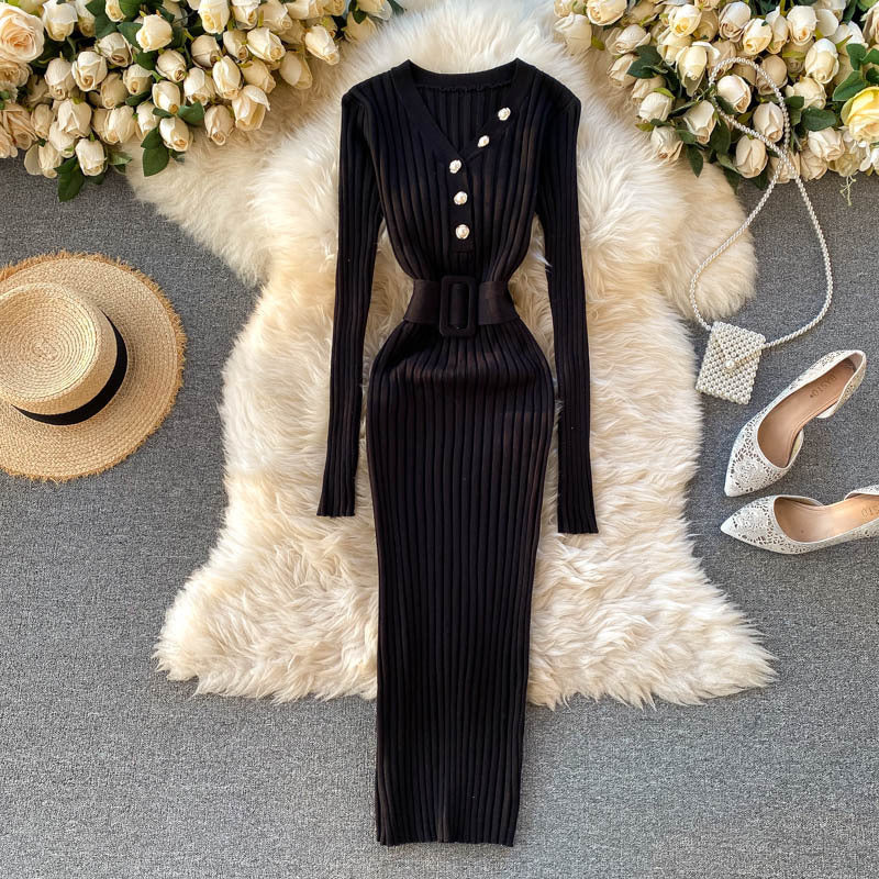 Robe Tricot Cintrée Rayures Ajourées avec Ceinture - BMYANY