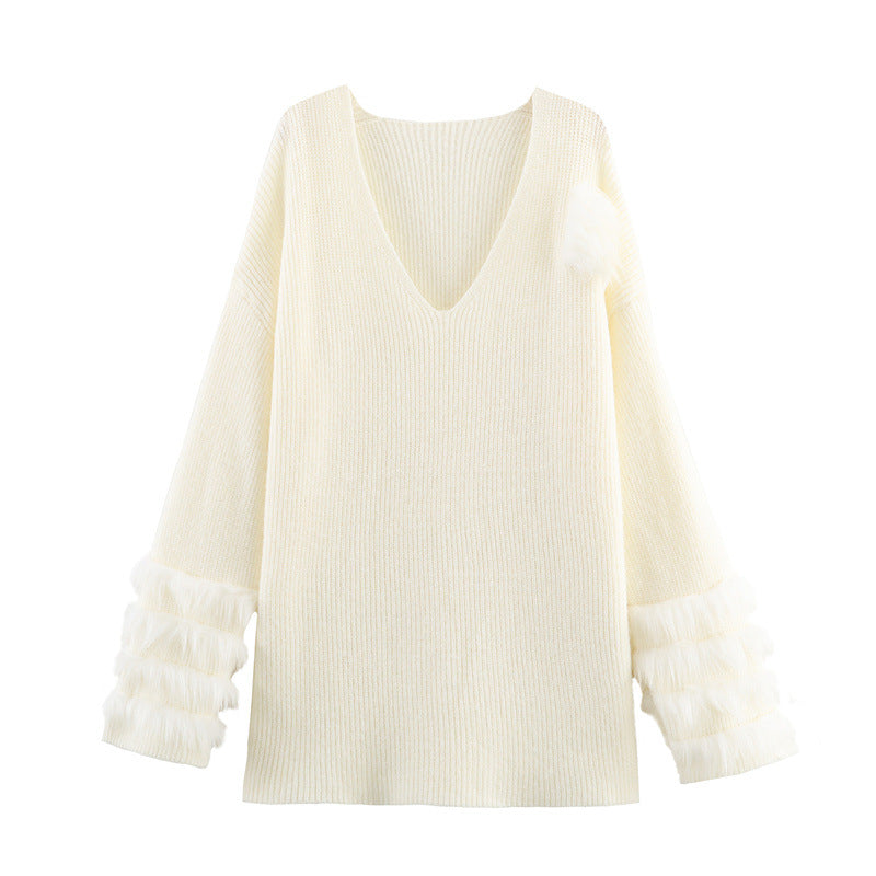 Robe Tricot Femme Col V Manches Longues Casual Douce - BMYANY