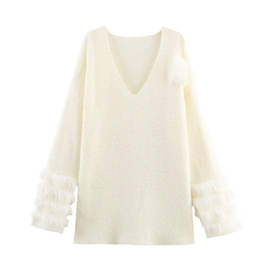 Robe Tricot Femme Col V Manches Longues Casual Douce - BMYANY