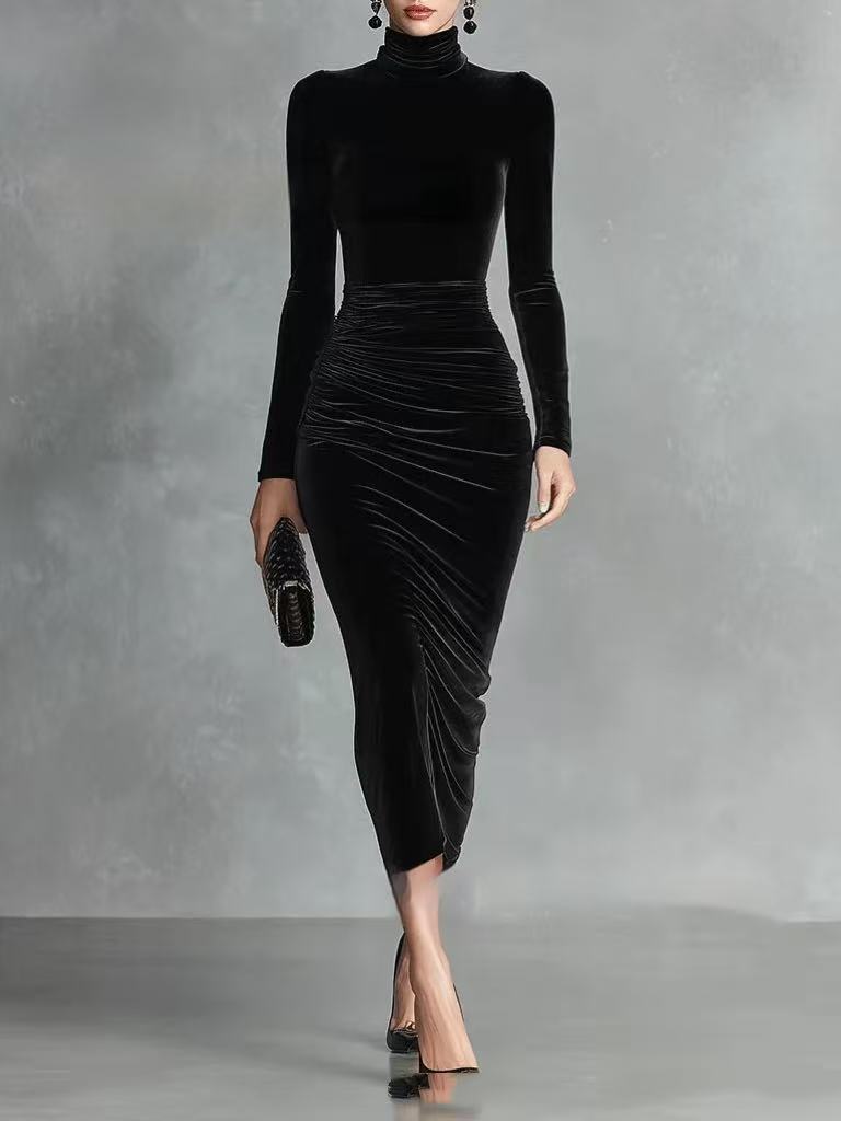 Robe à col roulé en velours noir - BMYANY