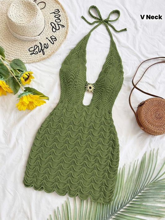 Robe du plages femme au crochet vert olive col en V profond dentelle ajourée - BMYANY