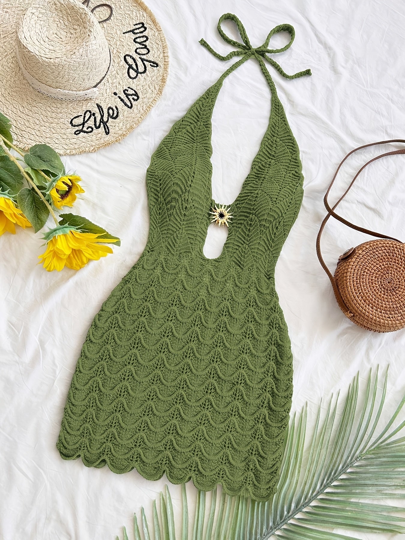Robe du plages femme au crochet vert olive col en V profond dentelle ajourée - BMYANY