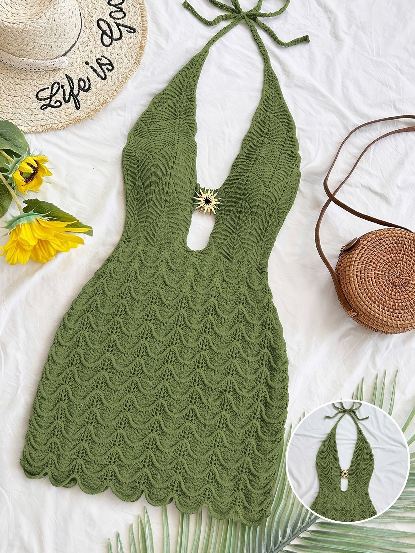 Robe du plages femme au crochet vert olive col en V profond dentelle ajourée - BMYANY