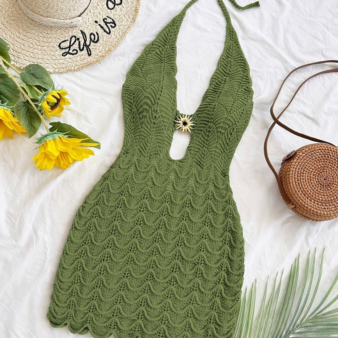 Robe du plages femme au crochet vert olive col en V profond dentelle ajourée - BMYANY