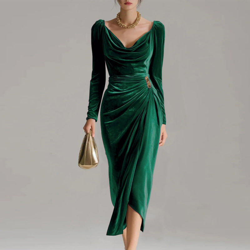 Robe en velours plissé à manches longues - BMYANY