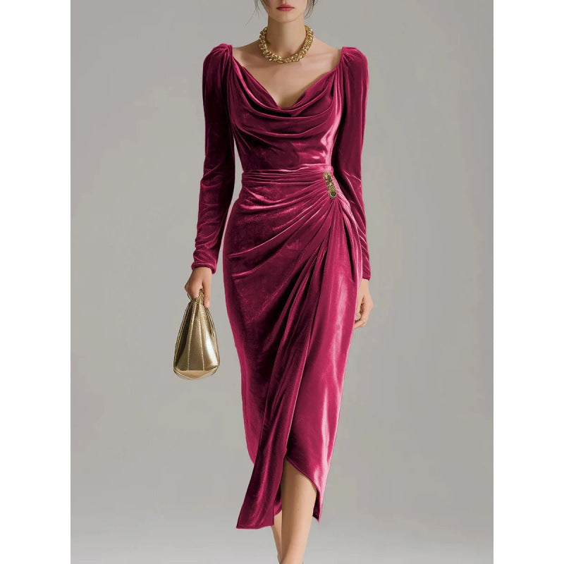 Robe en velours plissé à manches longues - BMYANY