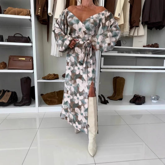 Robe femme imprimée manches longues - taille cintrée fente latérale - BMYANY