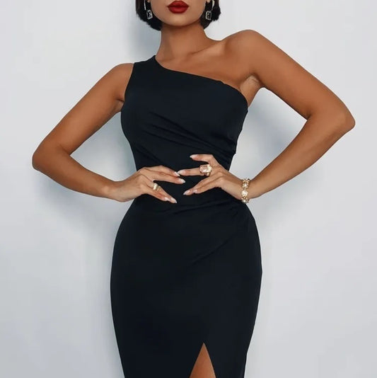 Robe élégante à épaule fendue en satin pour femmes - BMYANY