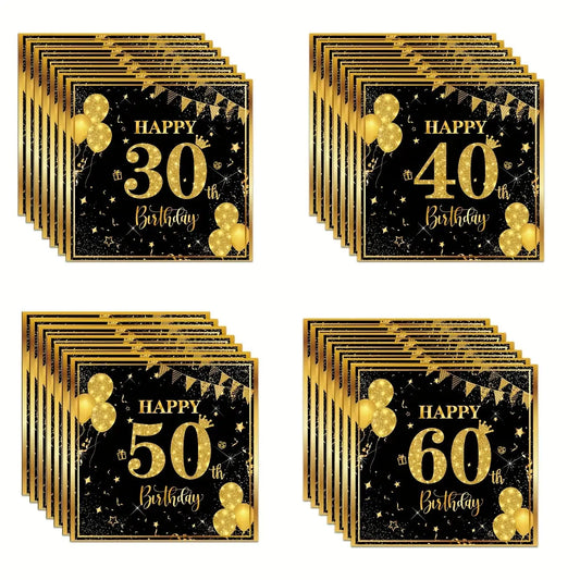 Serviettes Anniversaire Noir et Or - 50 Pièces - BMYANY