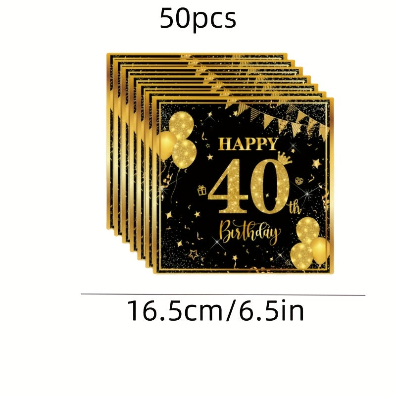 Serviettes Anniversaire Noir et Or - 50 Pièces - BMYANY
