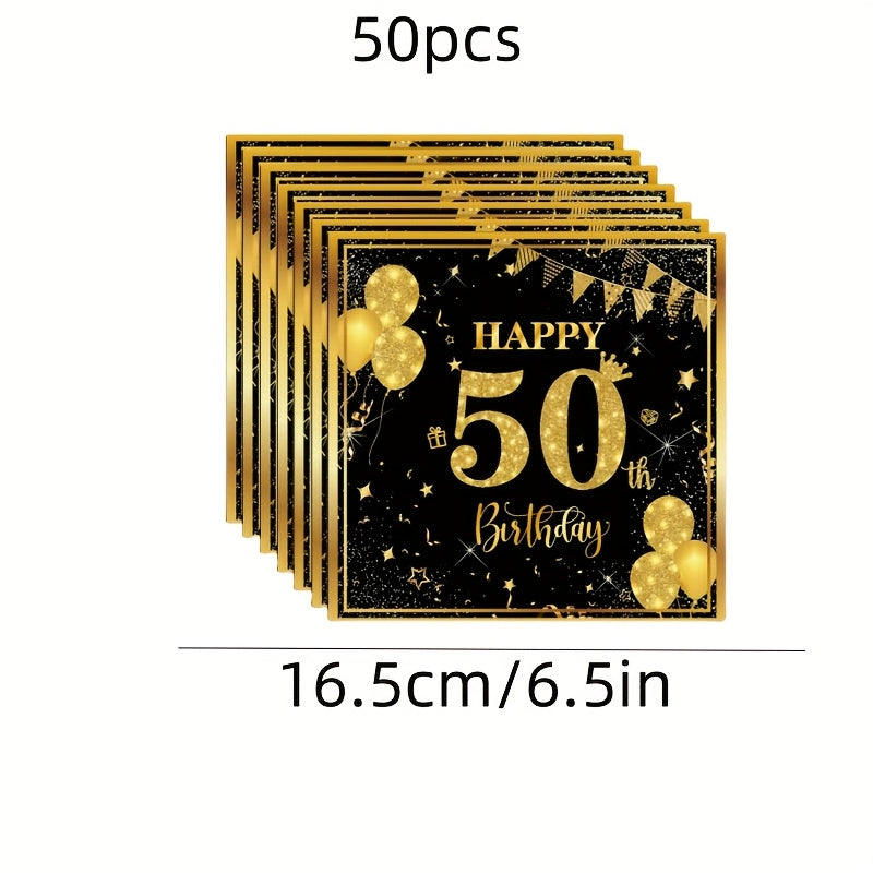 Serviettes Anniversaire Noir et Or - 50 Pièces - BMYANY