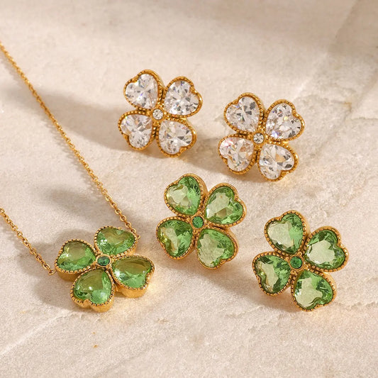 Set Collier et Boucles d'Oreilles Trèfle Cœur Acier Inoxydable Zircon - BMYANY