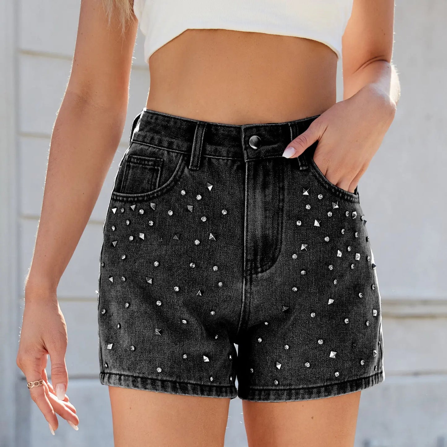 Short Denim Femme Mi-long Effet Amincissant Perles Délavé - BMYANY