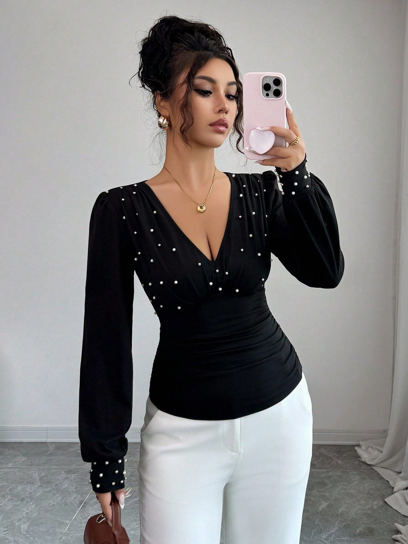 T-shirt Ajusté à Manches Longues Col en V pour Femme - BMYANY