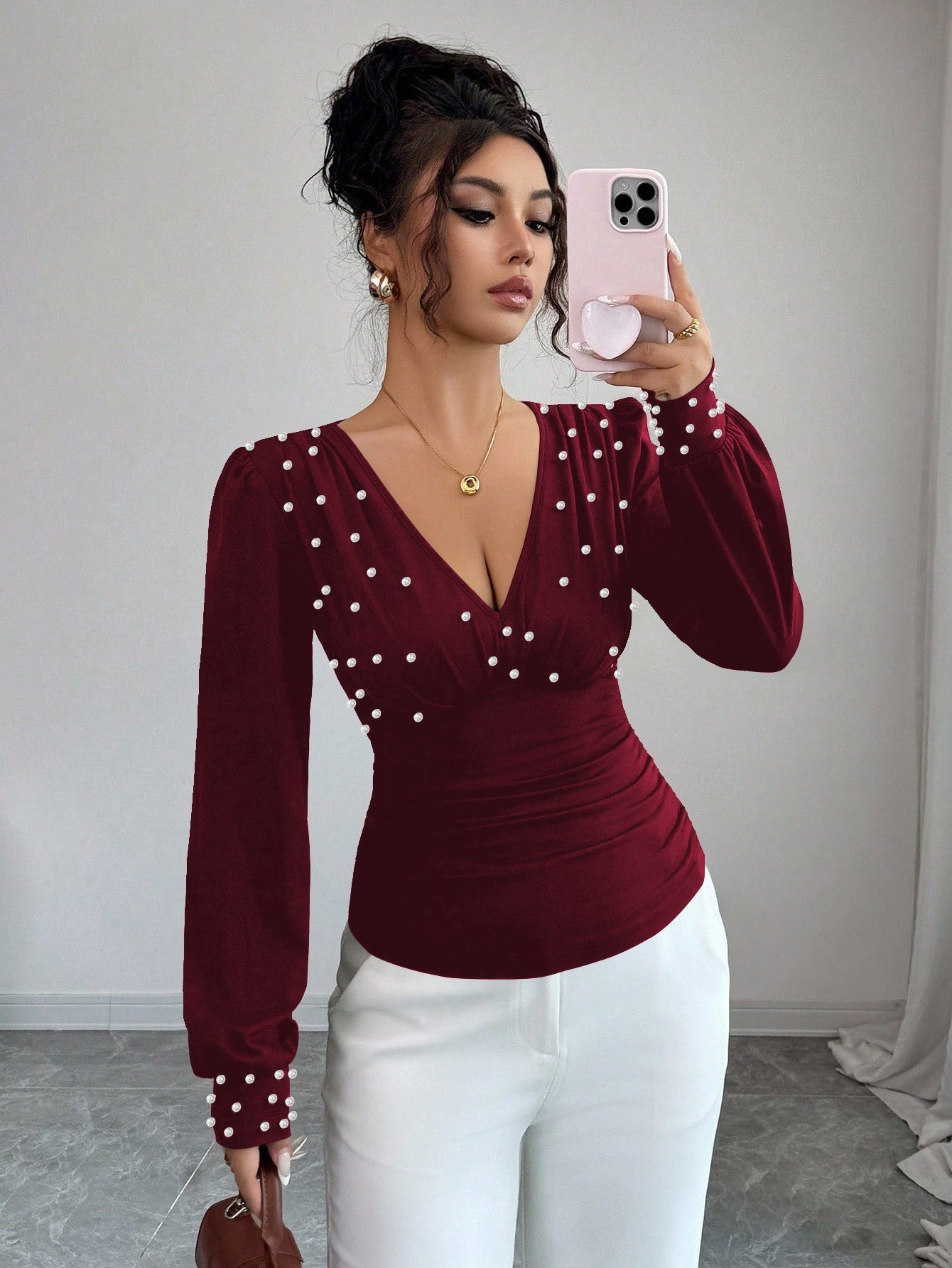 T-shirt Ajusté à Manches Longues Col en V pour Femme - BMYANY