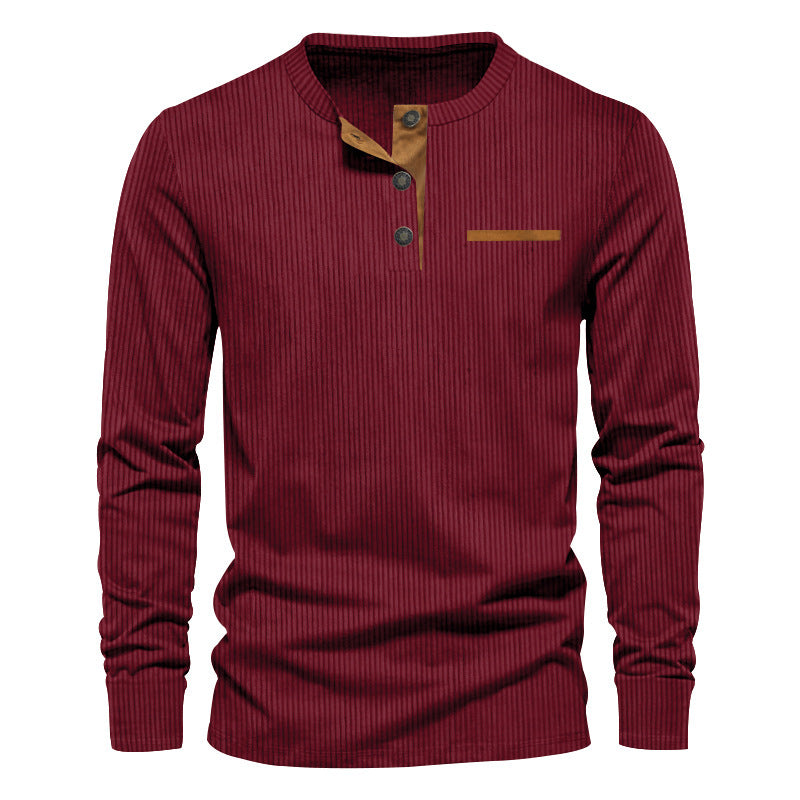 T-shirt Homme Manches Longues Velours Côtelé Col Henley Slim - BMYANY