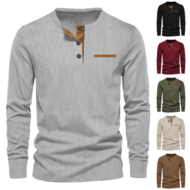 T-shirt Homme Manches Longues Velours Côtelé Col Henley Slim - BMYANY
