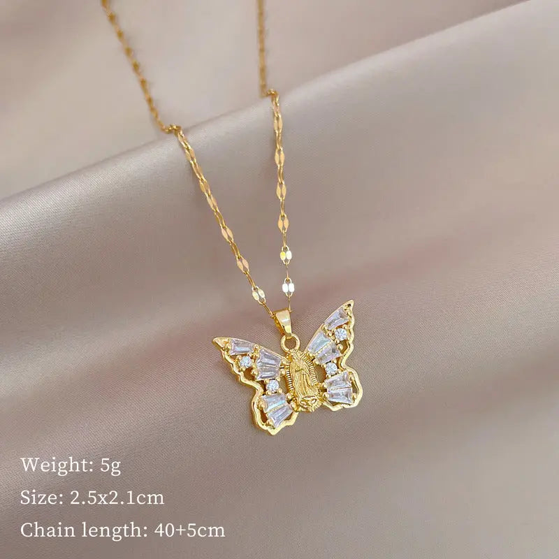 Titanium Steel Micro-inlaid Portrait Butterfly Zircon Necklace - BMYANY
