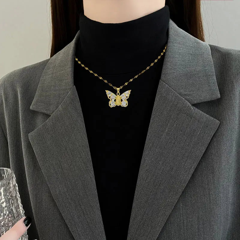 Titanium Steel Micro-inlaid Portrait Butterfly Zircon Necklace - BMYANY