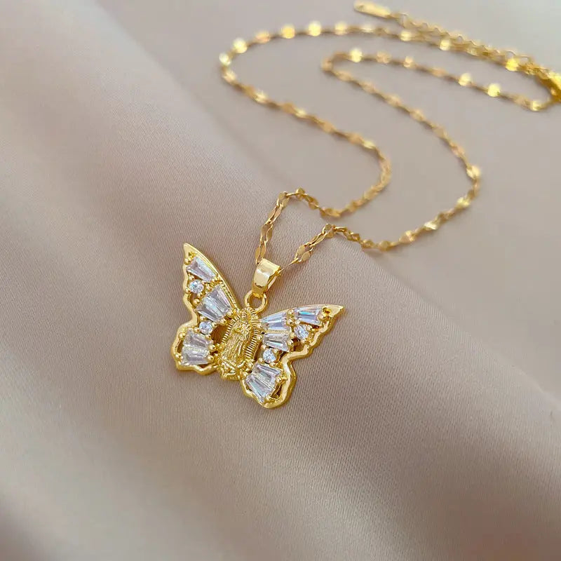 Titanium Steel Micro-inlaid Portrait Butterfly Zircon Necklace - BMYANY