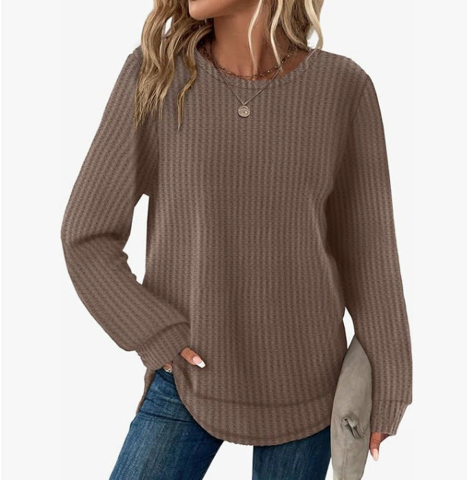 Top Gaufré Ample Ourlet Asymétrique  Col Rond Femme - BMYANY