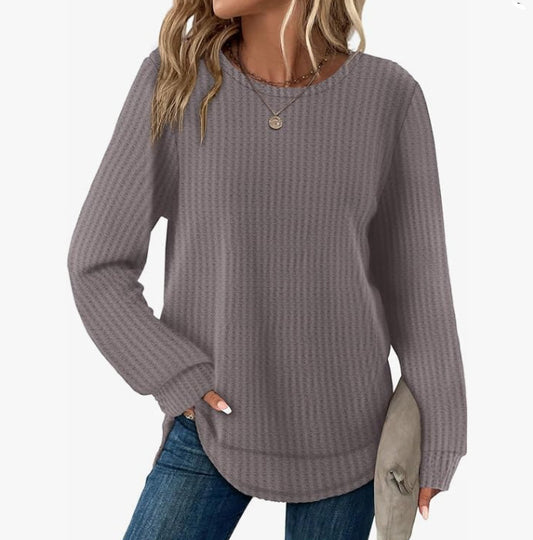 Top Gaufré Ample Ourlet Asymétrique  Col Rond Femme - BMYANY