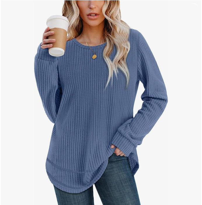 Top Gaufré Ample Ourlet Asymétrique  Col Rond Femme - BMYANY