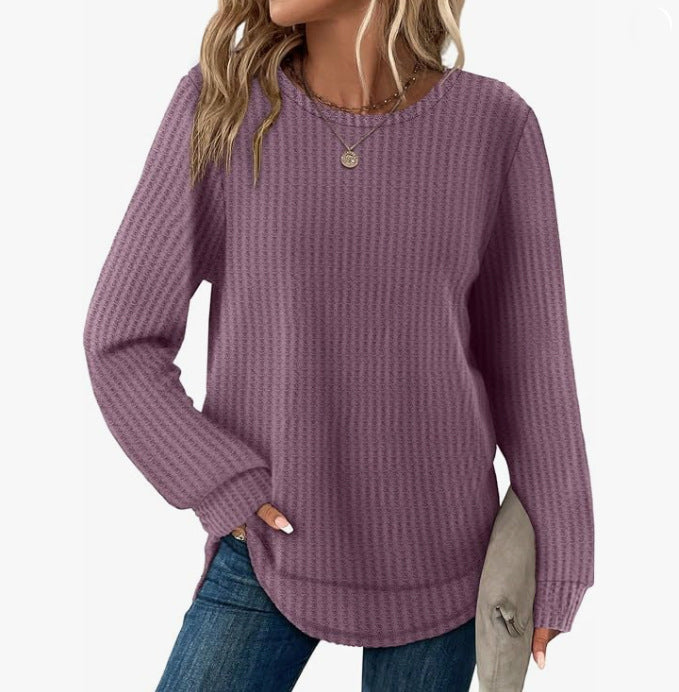 Top Gaufré Ample Ourlet Asymétrique  Col Rond Femme - BMYANY