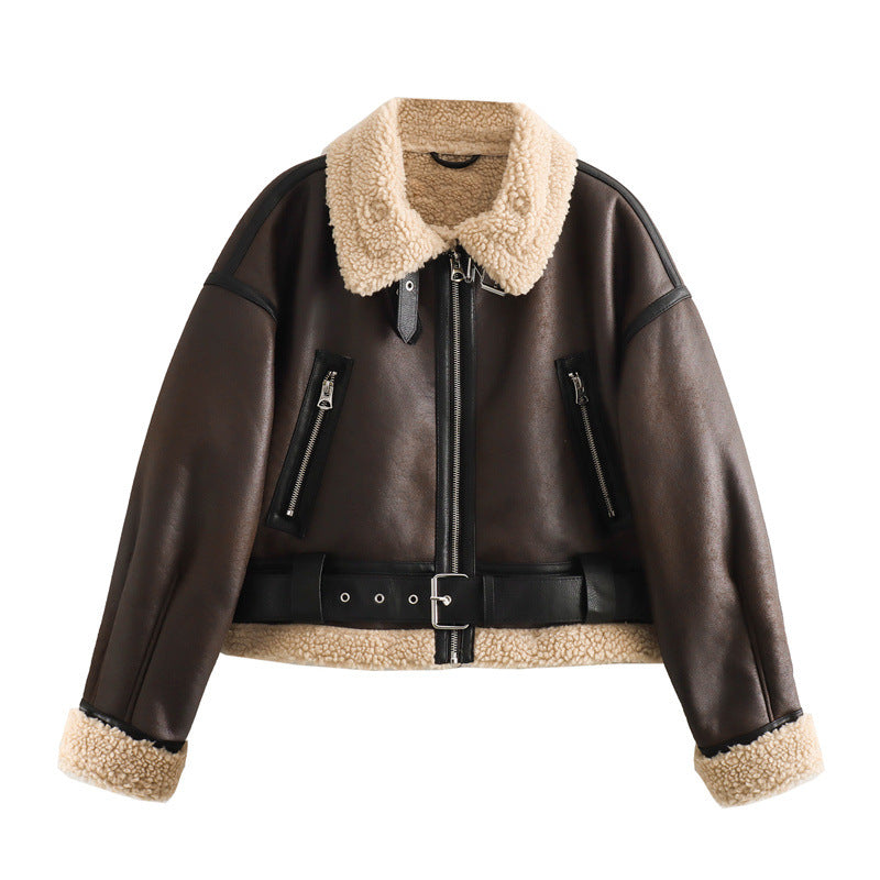 Veste Femme Oversize Laine d’Agneau et Simili Cuir Manches Longues - BMYANY