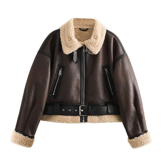 Veste Femme Oversize Laine d’Agneau et Simili Cuir Manches Longues - BMYANY