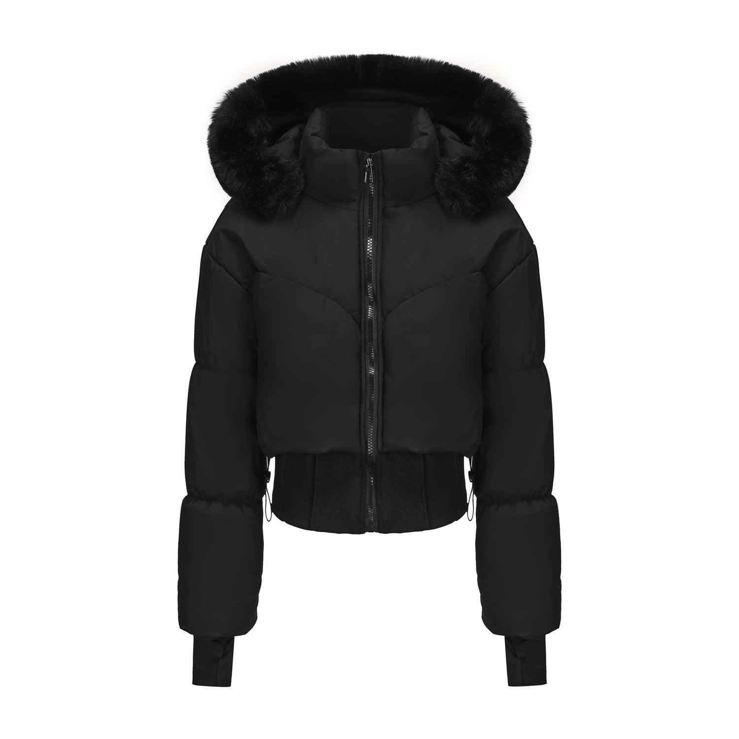Veste courte en coton à capuche à large col en fourrure moulante pour femmes - BMYANY