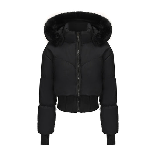 Veste courte en coton à capuche à large col en fourrure moulante pour femmes - BMYANY